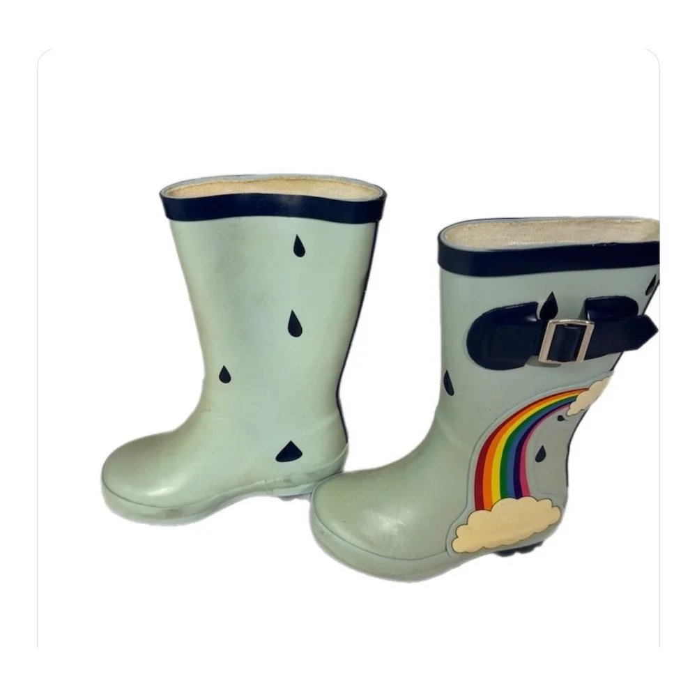 Rainbow Rain Boots Kids Size‎ 5/6 Mint Green Rubber Waterproof Raindrops